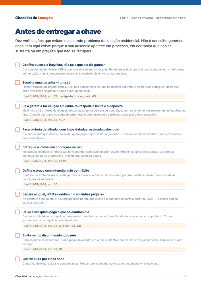 Checklist da Locação, página do proprietário