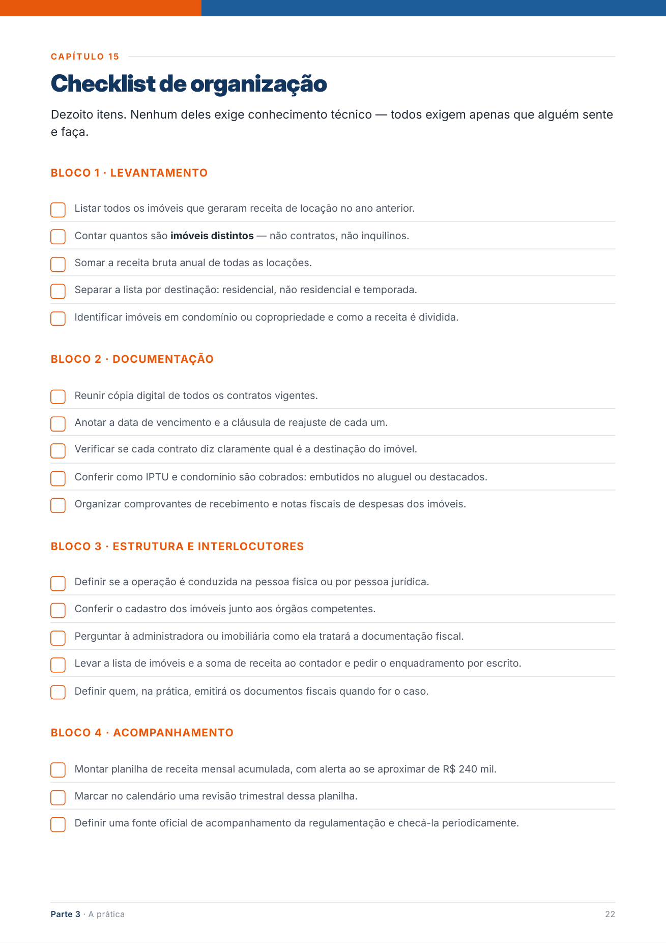 Checklist de organização com 18 itens divididos em 4 blocos